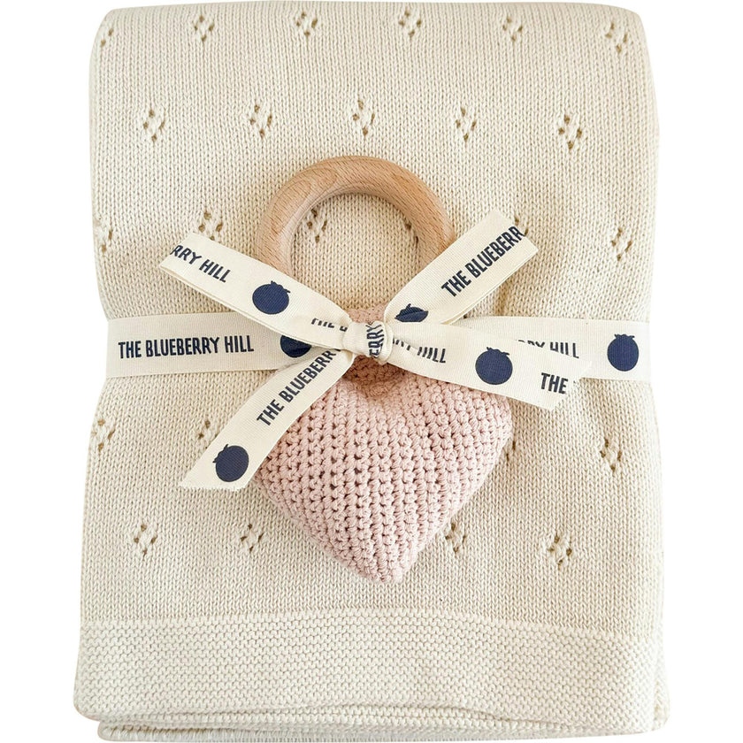 Cream Pique Blanket and Blush Heart Rattle, Set