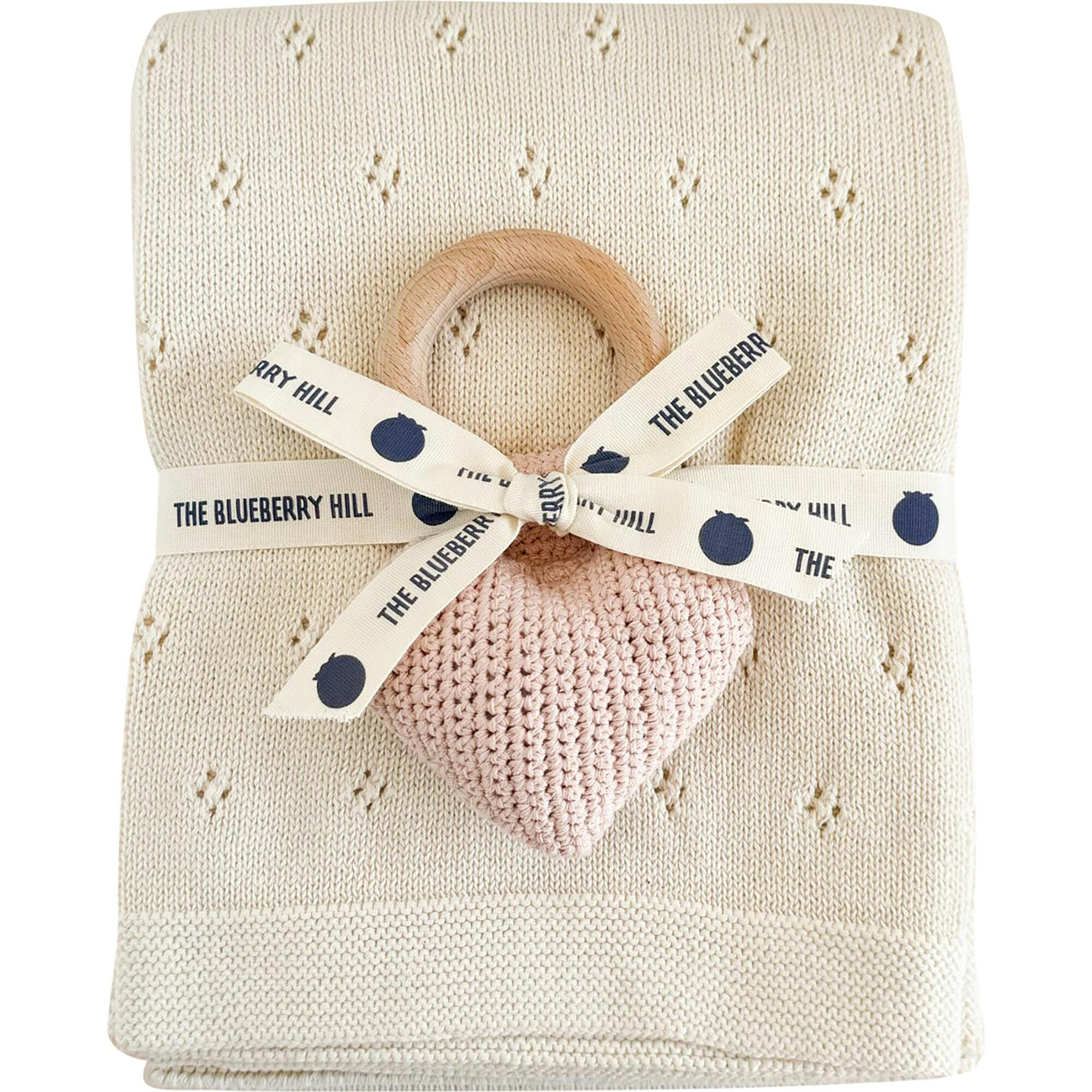 Cream Pique Blanket and Blush Heart Rattle, Set