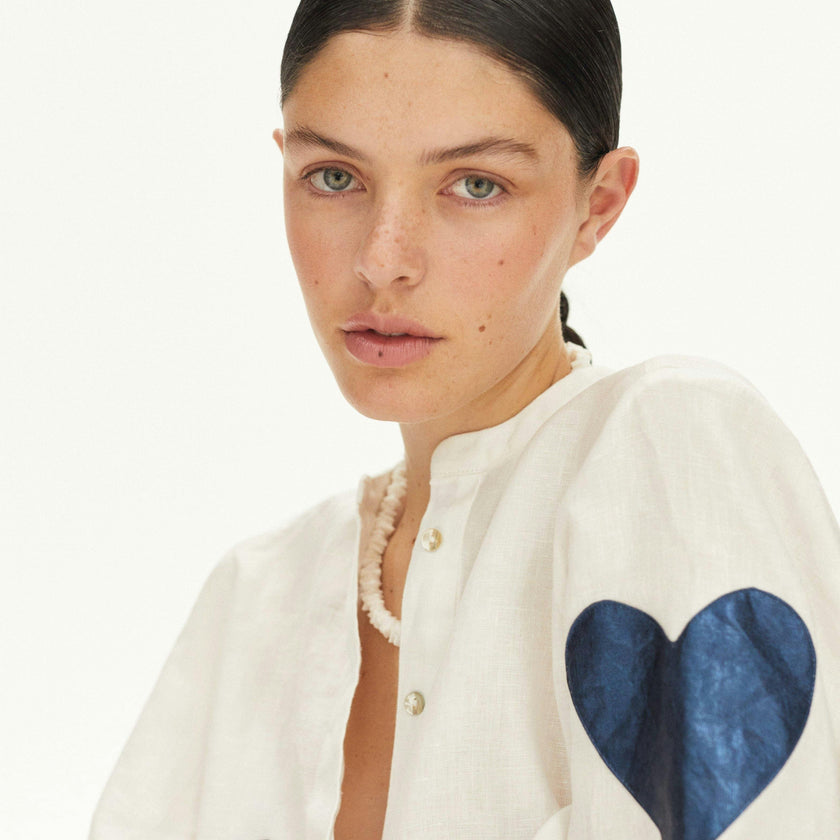 Cupid Linen Shirt - Off-white with Metallic Dark Blue Hearts