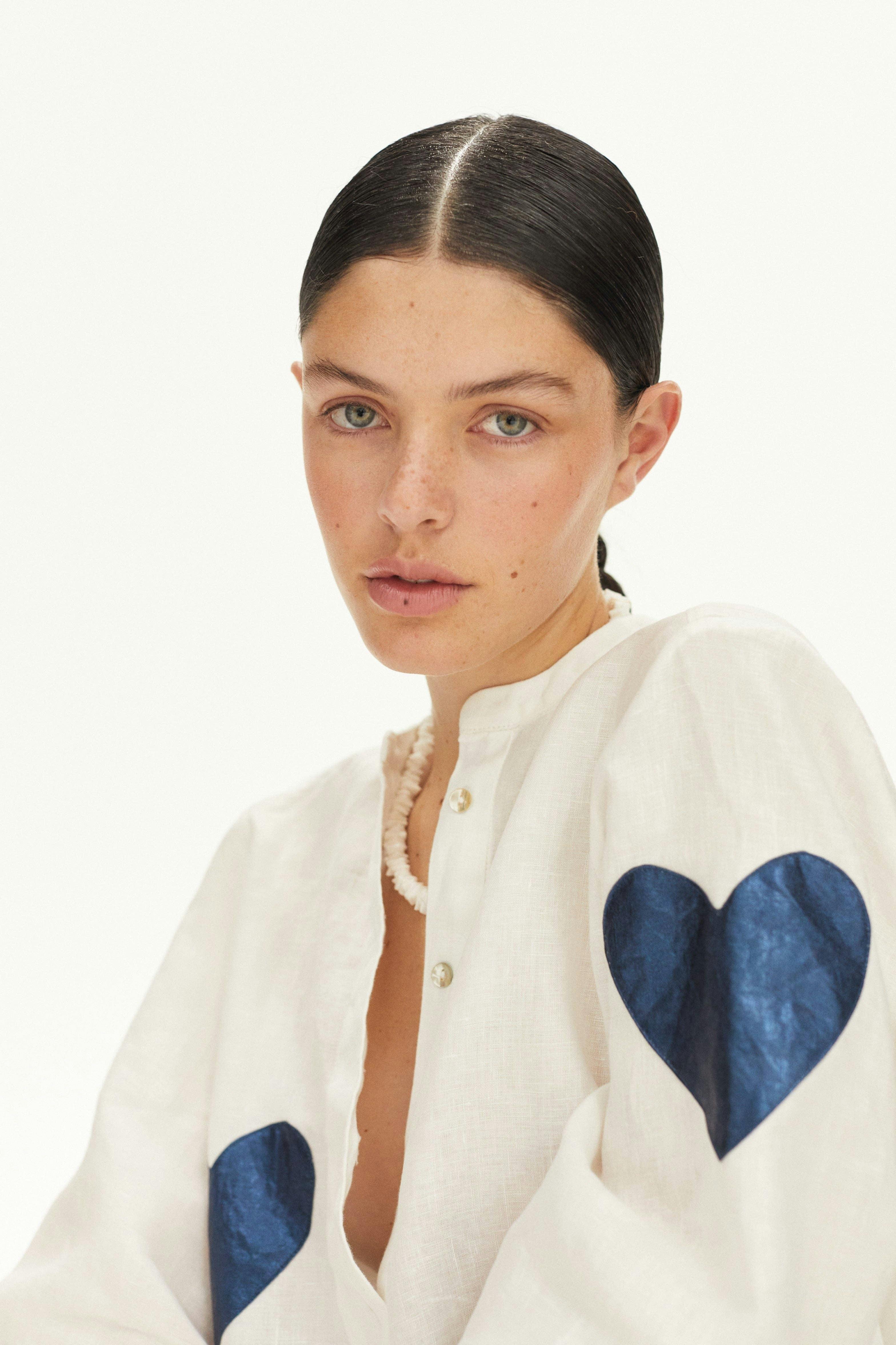 Cupid Linen Shirt - Off-white with Metallic Dark Blue Hearts