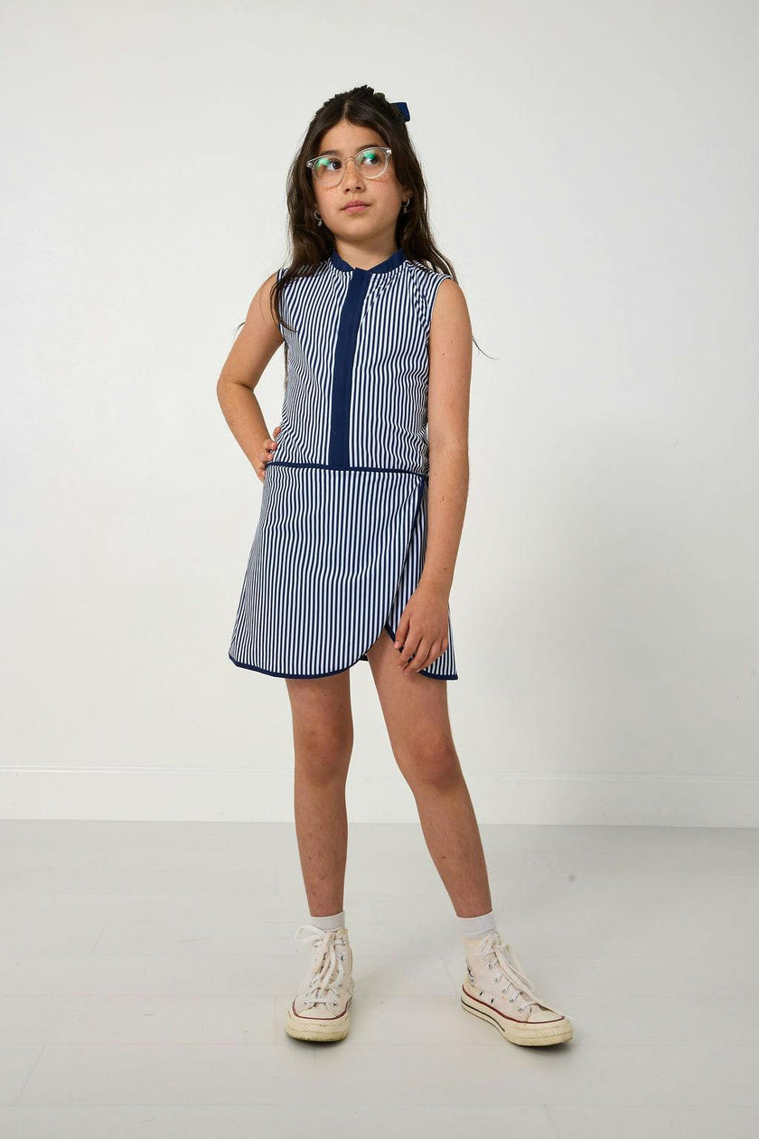 navy thin stripe court dress