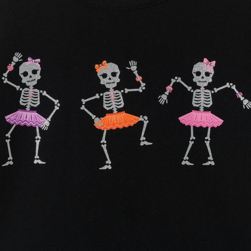 Girls Ruffle Shoulder Graphic Tee | Dancing Skeletons