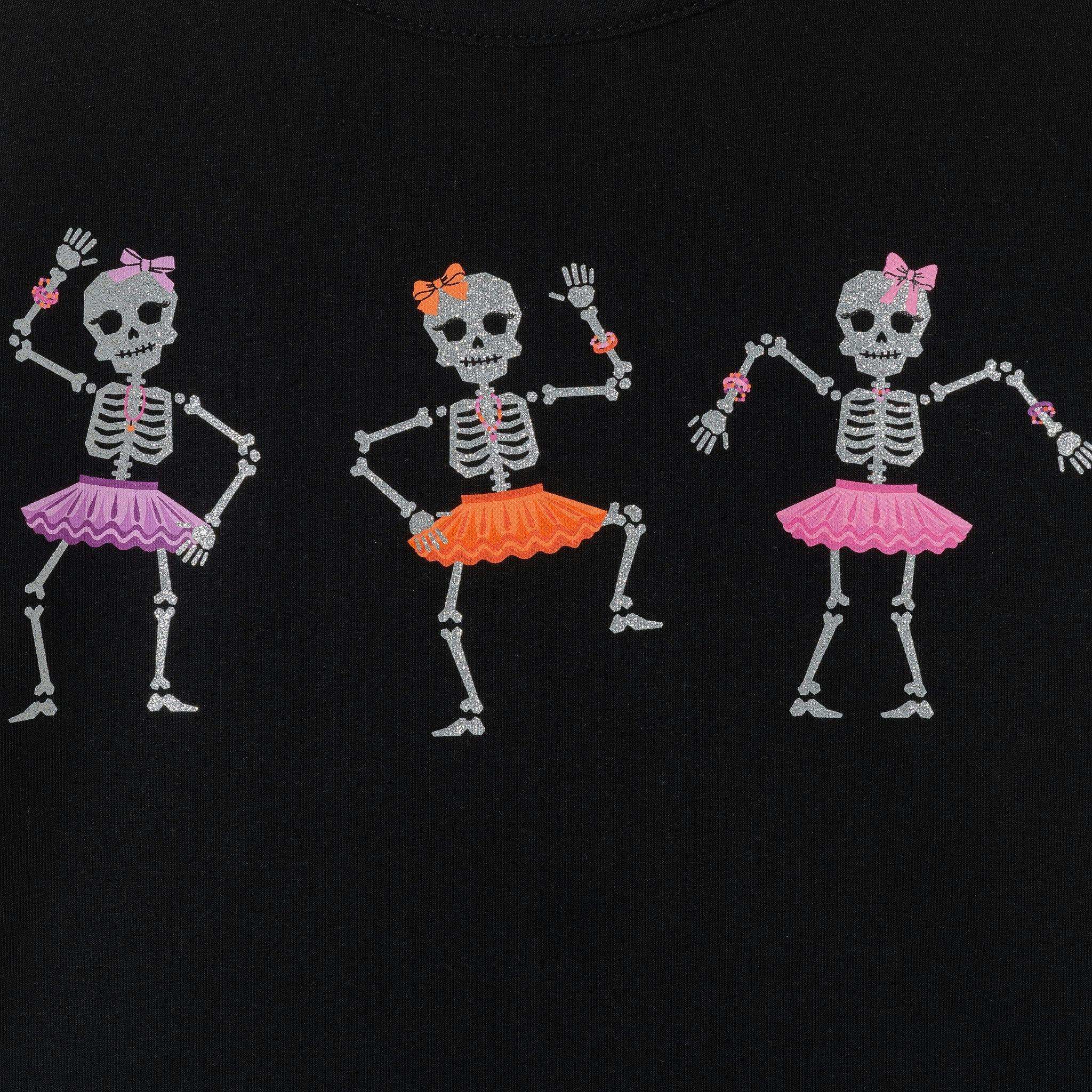 Girls Ruffle Shoulder Graphic Tee | Dancing Skeletons
