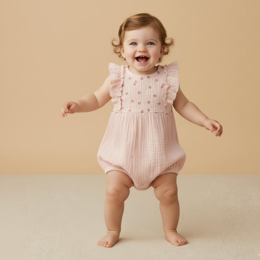 Organic Embroidered Ruffle Romper - Blush