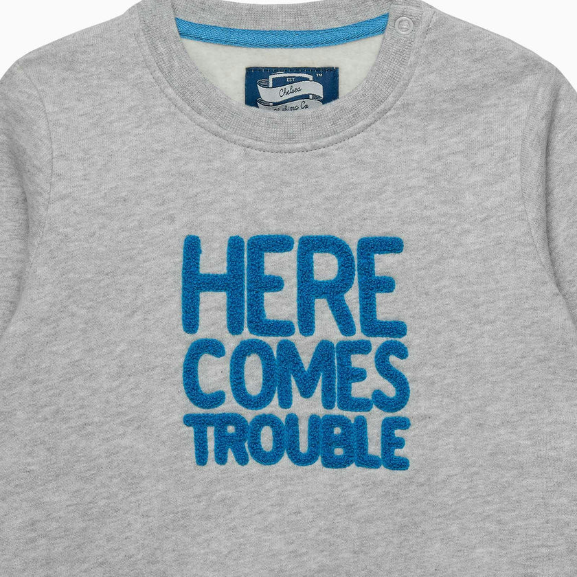 Baby Here Comes Trouble Sweatshirt in Grey Marl