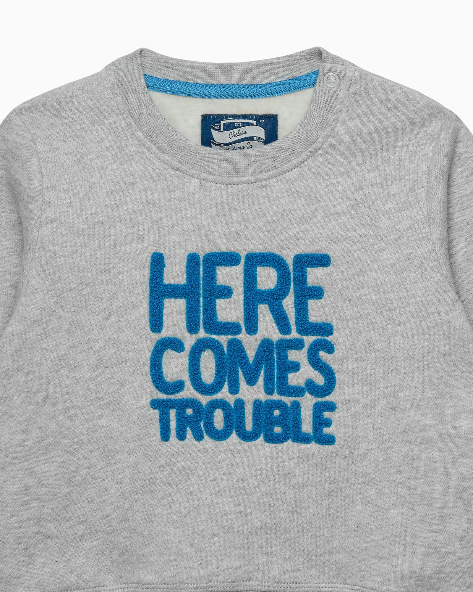 Baby Here Comes Trouble Sweatshirt in Grey Marl