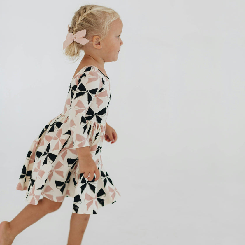 3/4 Sleeve Twirl Dress in Vintage Pink and Black Bows