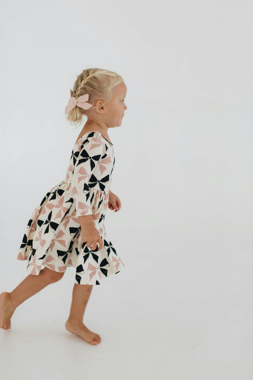 3/4 Sleeve Twirl Dress in Vintage Pink and Black Bows