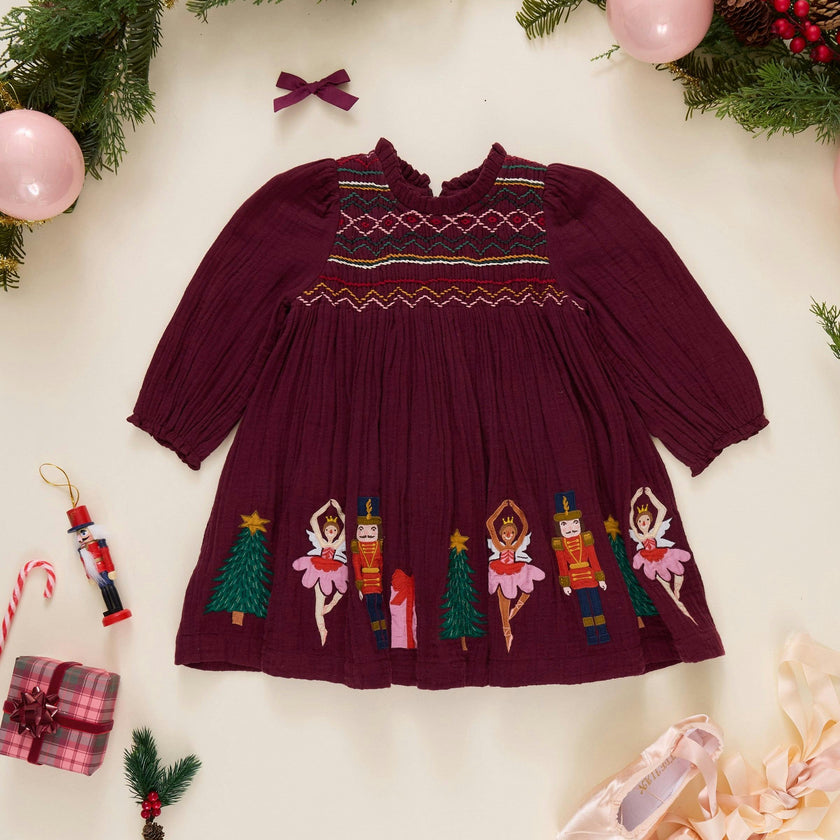 Girls Stevie Long Sleeve Dress - Nutcracker Embroidery