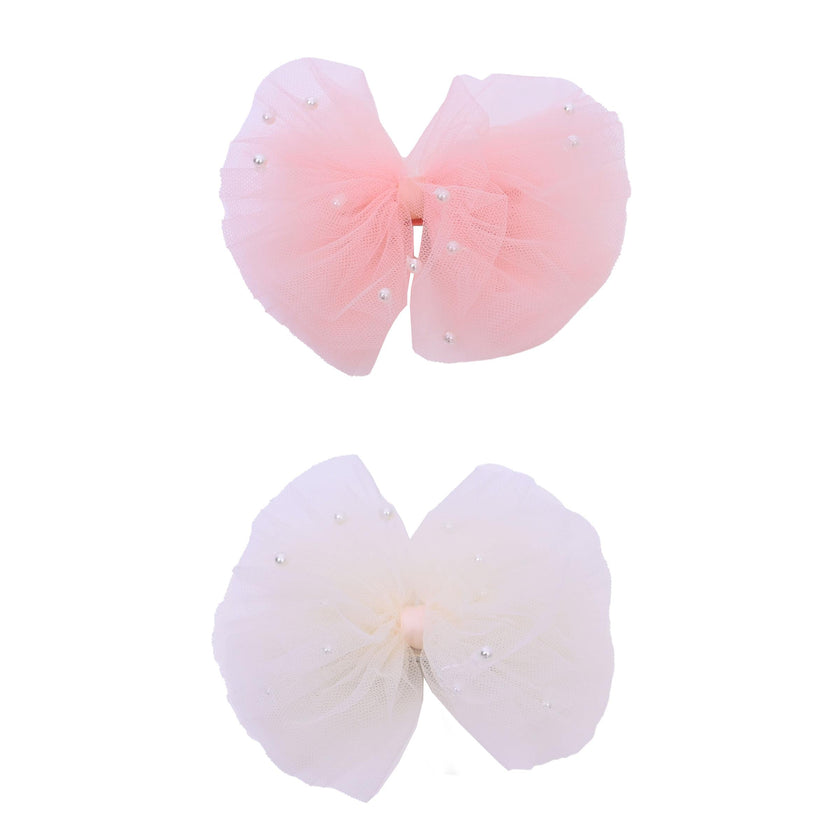 Tulle Bow Pearl Accented Hairclip Set