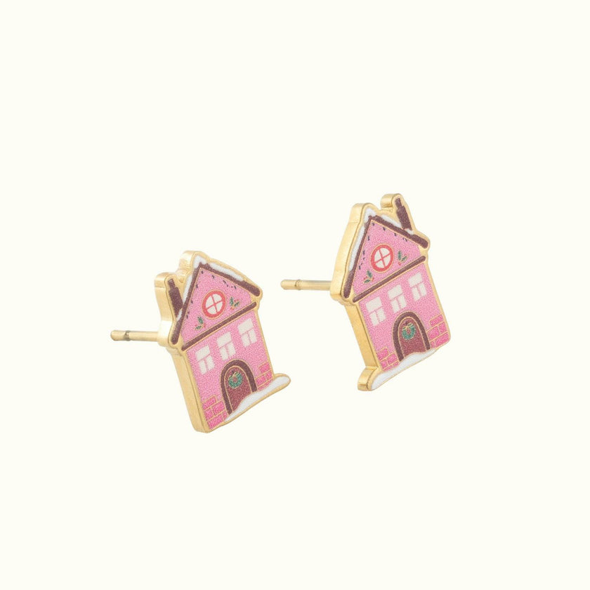 Pink Holiday Village House Stud Earrings