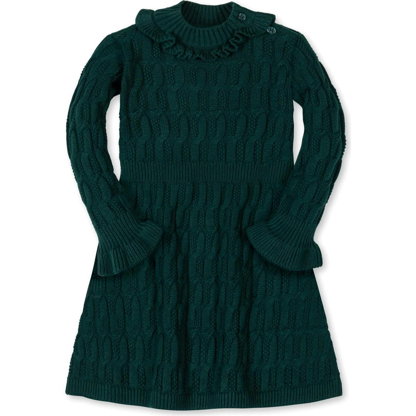 Organic Ruffle Edge Cable Knit Sweater Dress, Green