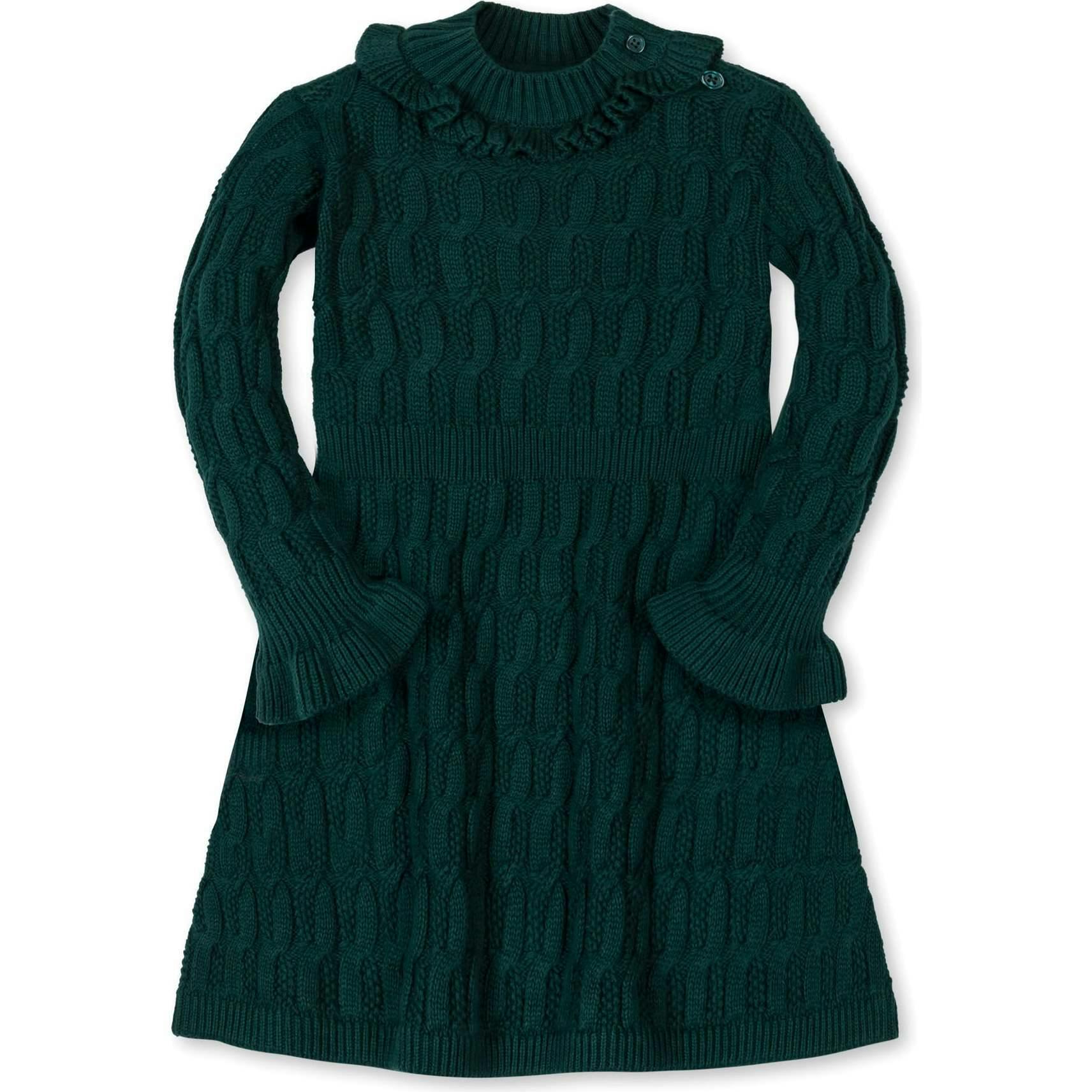 Organic Ruffle Edge Cable Knit Sweater Dress, Green