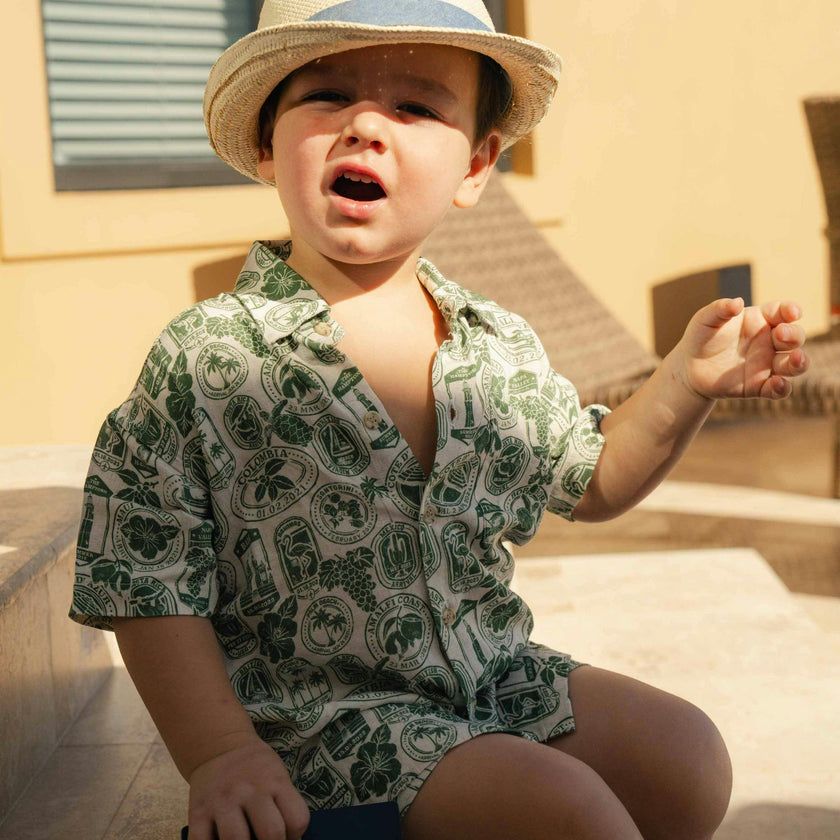 The Passport to Paradise - Boys Linen Passport Stamp Hawaiian Shirt