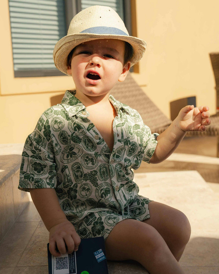 The Passport to Paradise - Boys Linen Passport Stamp Hawaiian Shirt
