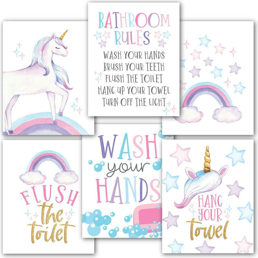 10-Piece Potty Training Charts & 6-Piece Bathroom Wall Art Decor Prints