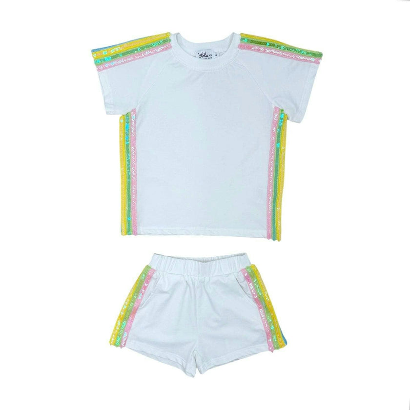 White Rainbow Stripe Short Set