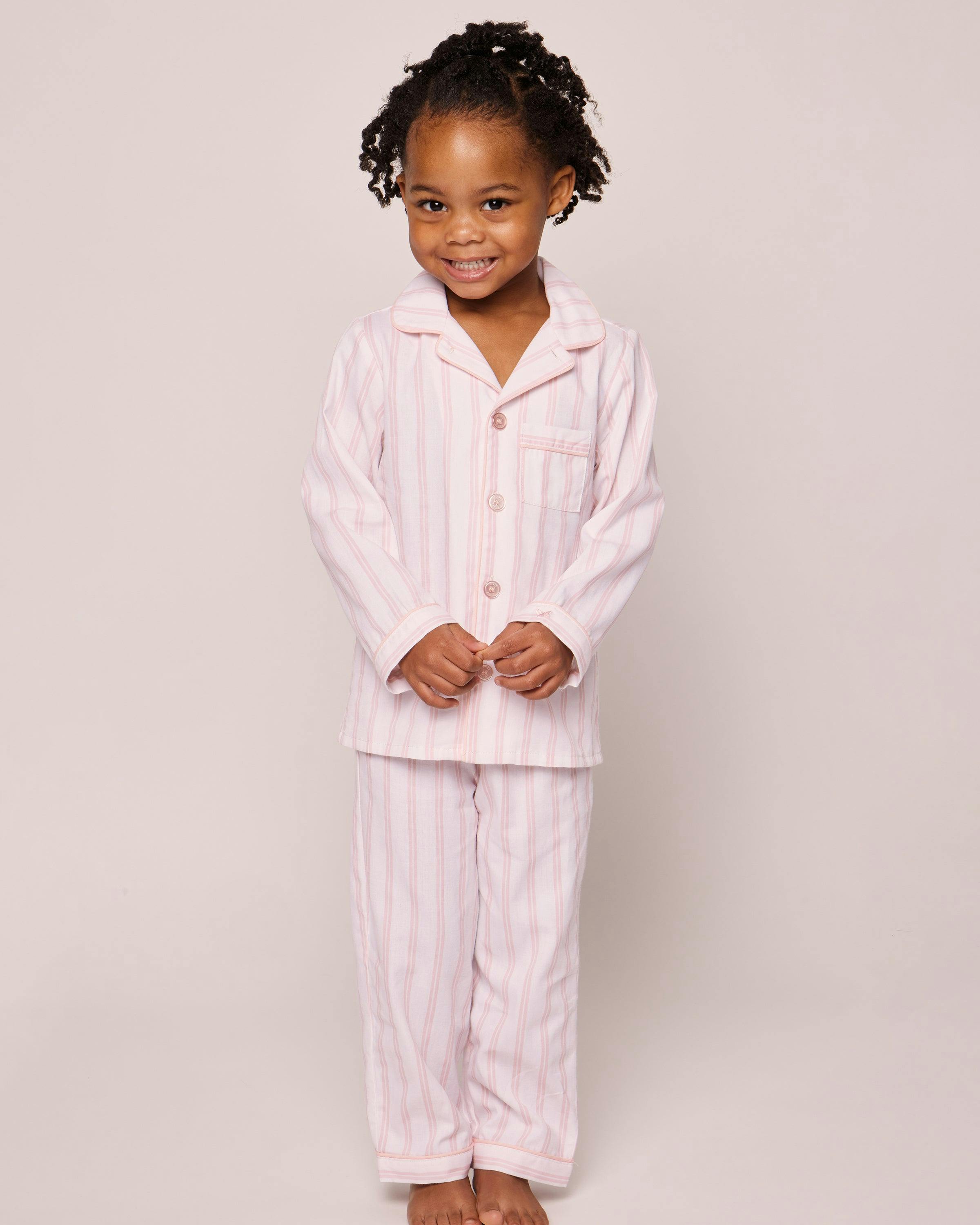 Kid's Twill Pajama Set in Pink and White Stripe