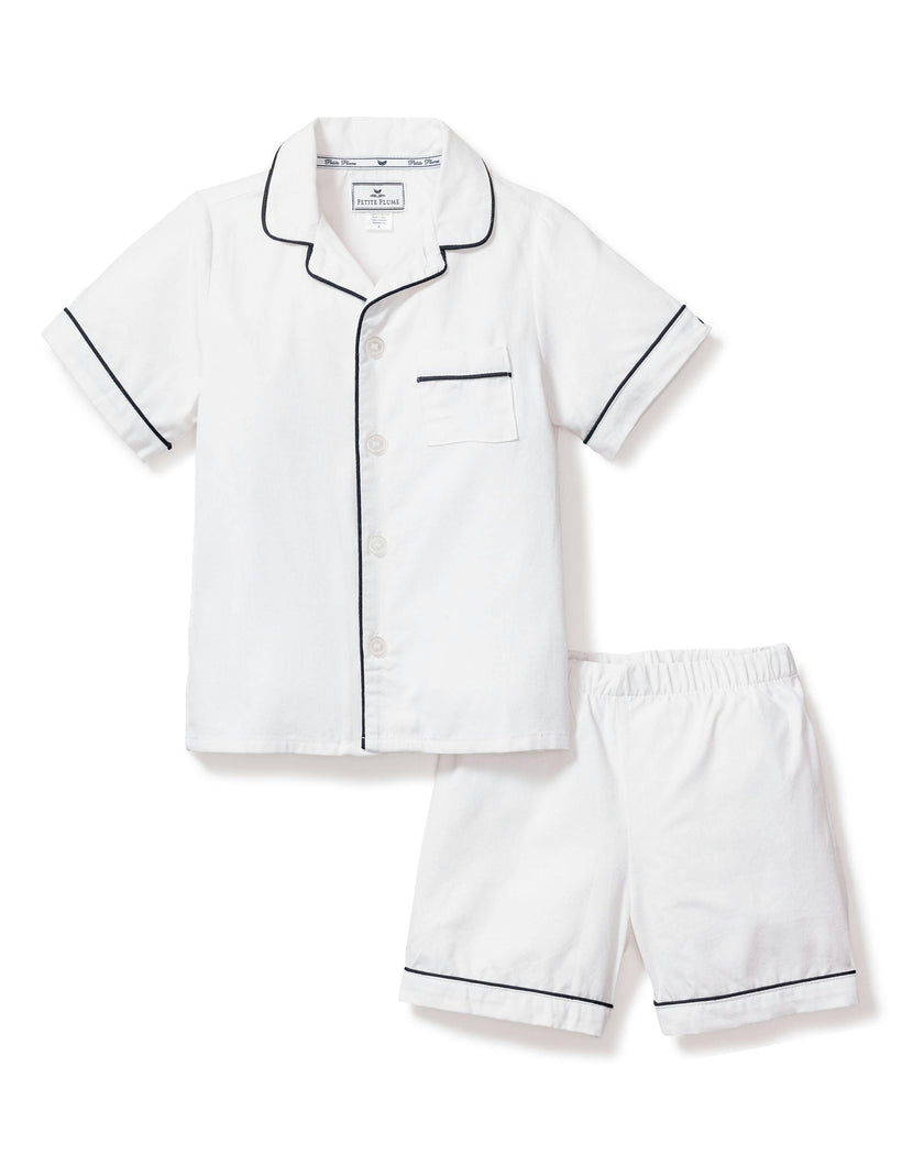 Kid's Twill Pajama Short Set in White with Navy Piping