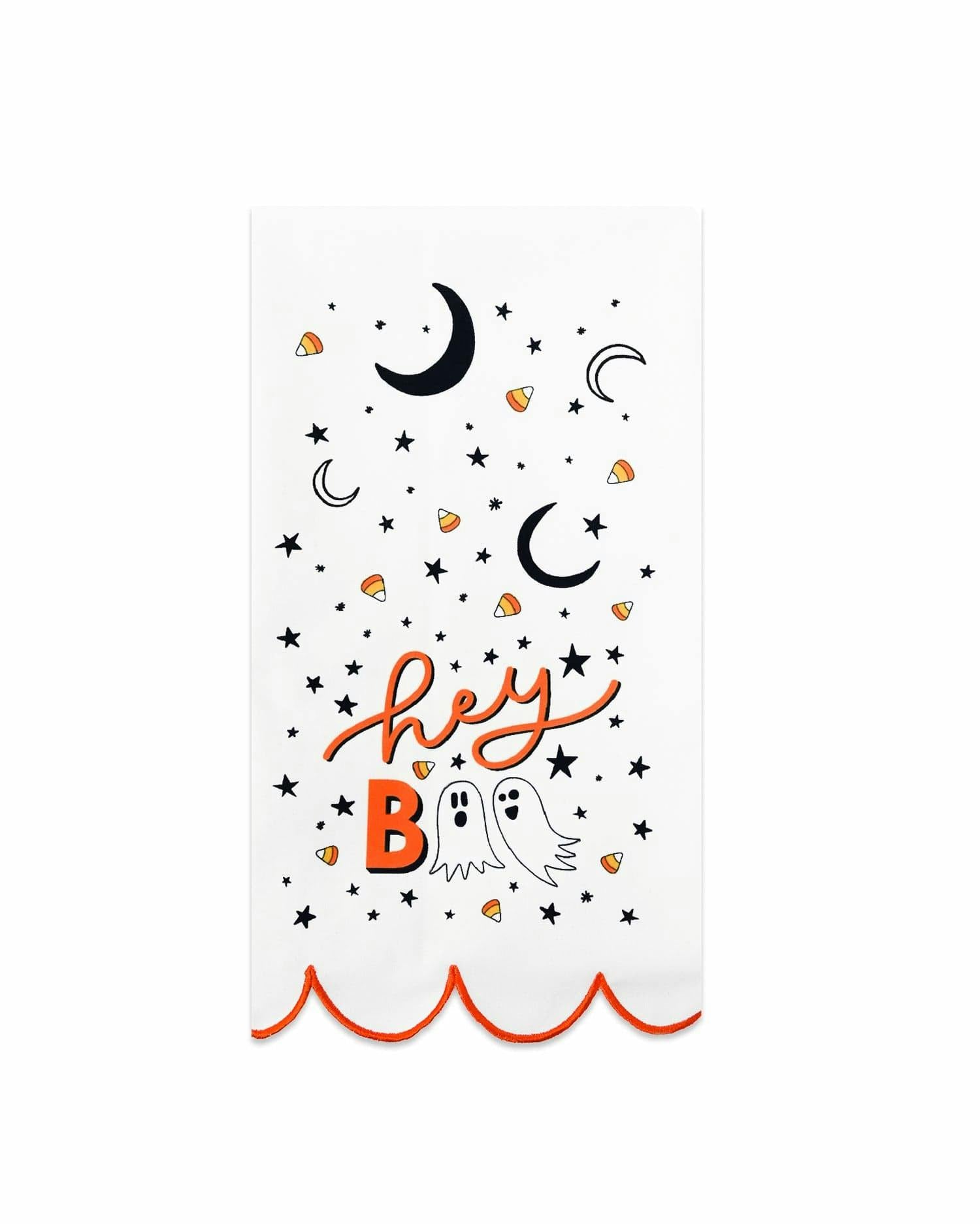 Hey Boo Halloween Tea Towel - Scalloped Orange Trim Kitchen Dish Towel with Ghost Print, 20x25 Inch