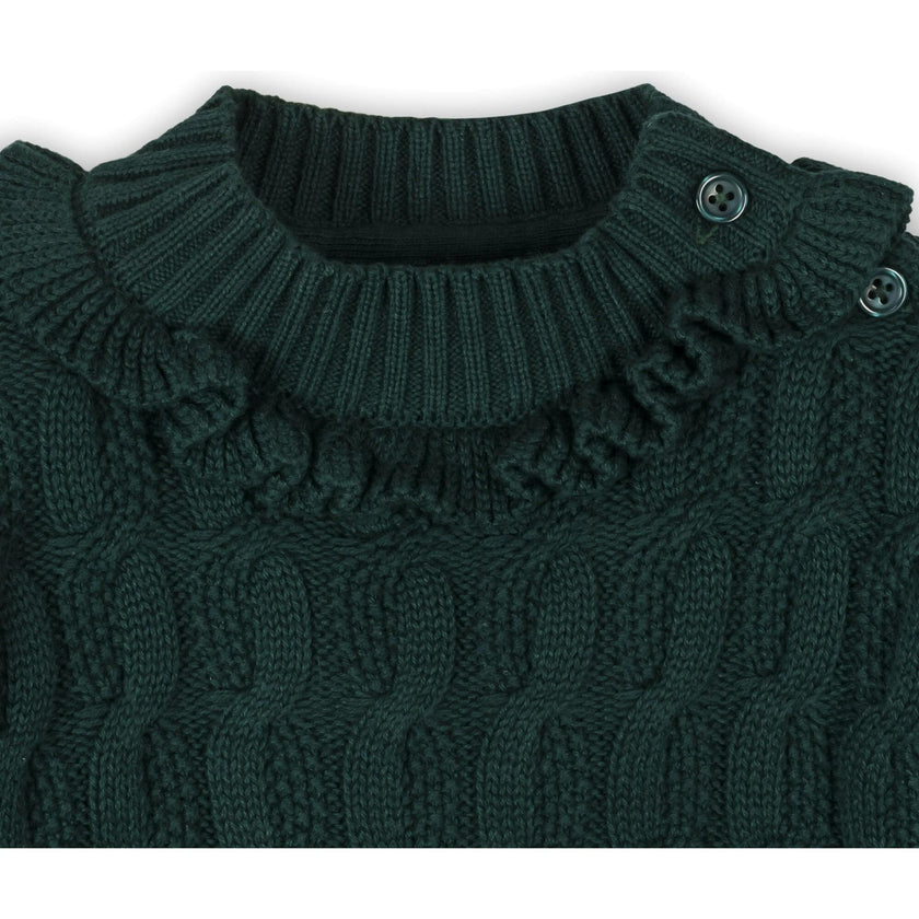 Organic Ruffle Edge Cable Knit Sweater Dress, Green