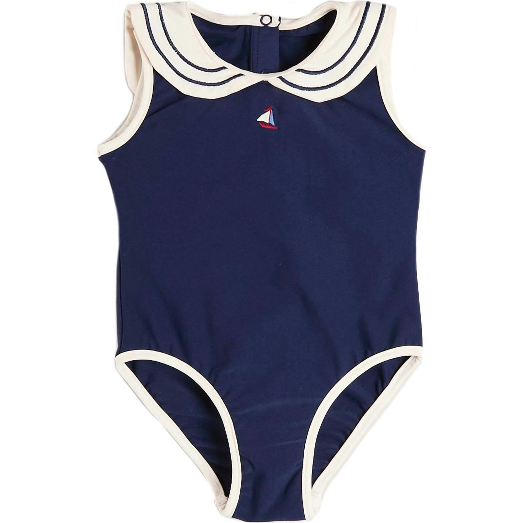 Mariner Collar Embroidered Boat Motif Swimsuit in Navy (12mths-10yrs)