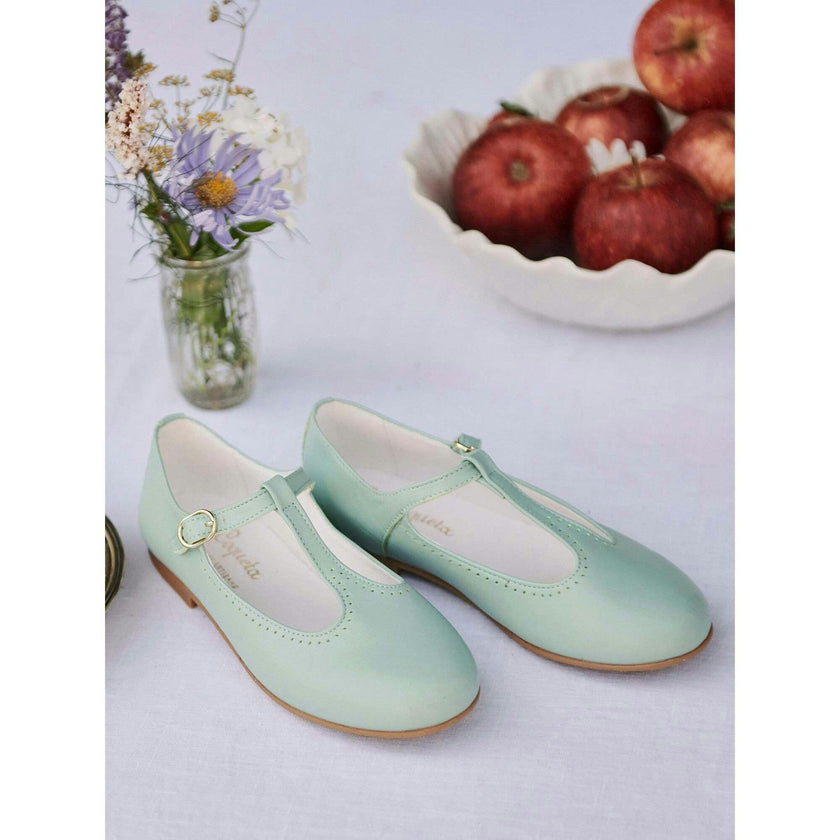 Pale Green Leather Girl T-Bar Shoes