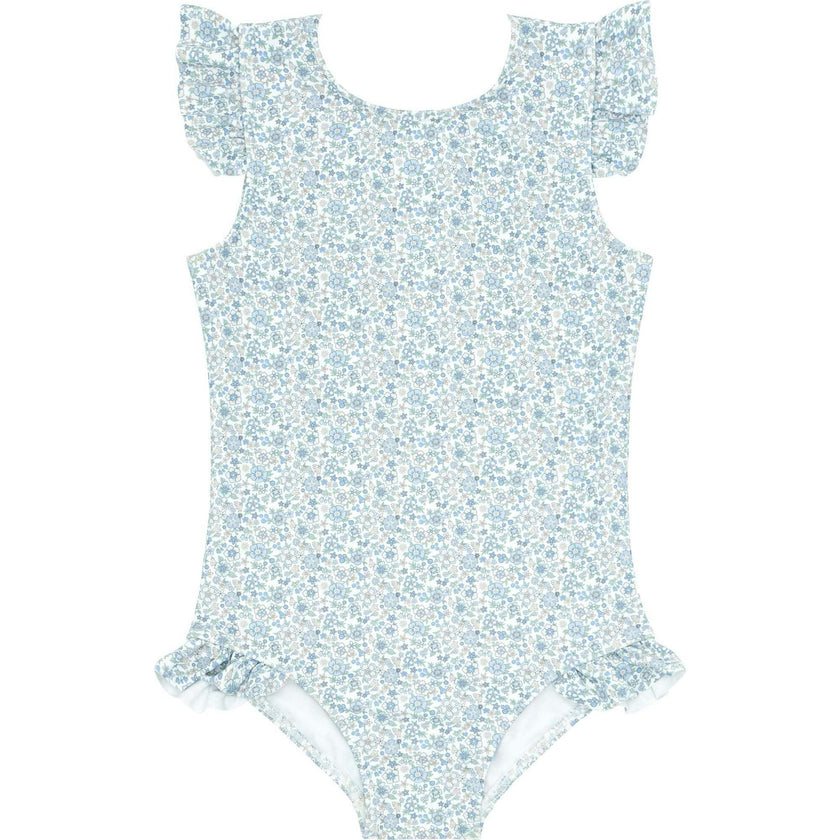 Girls Slate Floral Ruffle Sleeve Rashguard One Piece