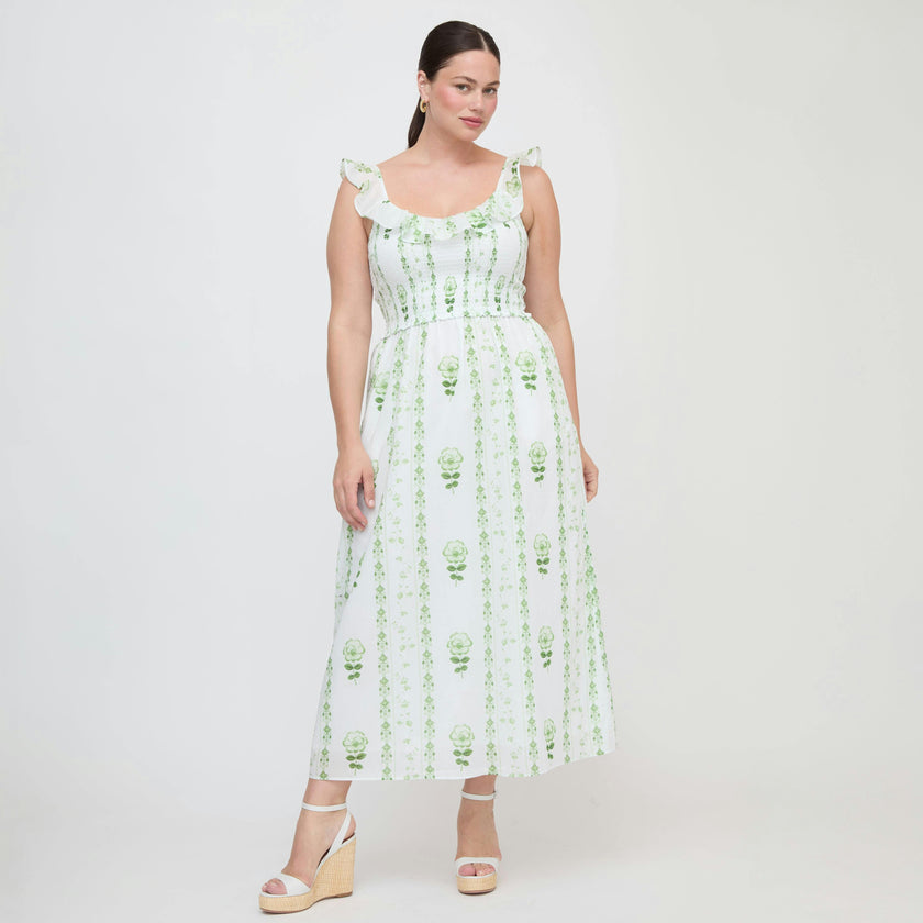 The Cambria Nap Dress - White/Green Arcadia Border