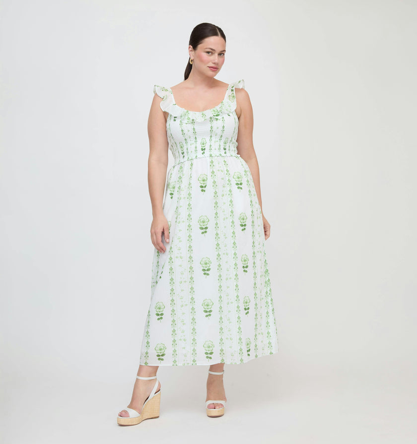 The Cambria Nap Dress - White/Green Arcadia Border