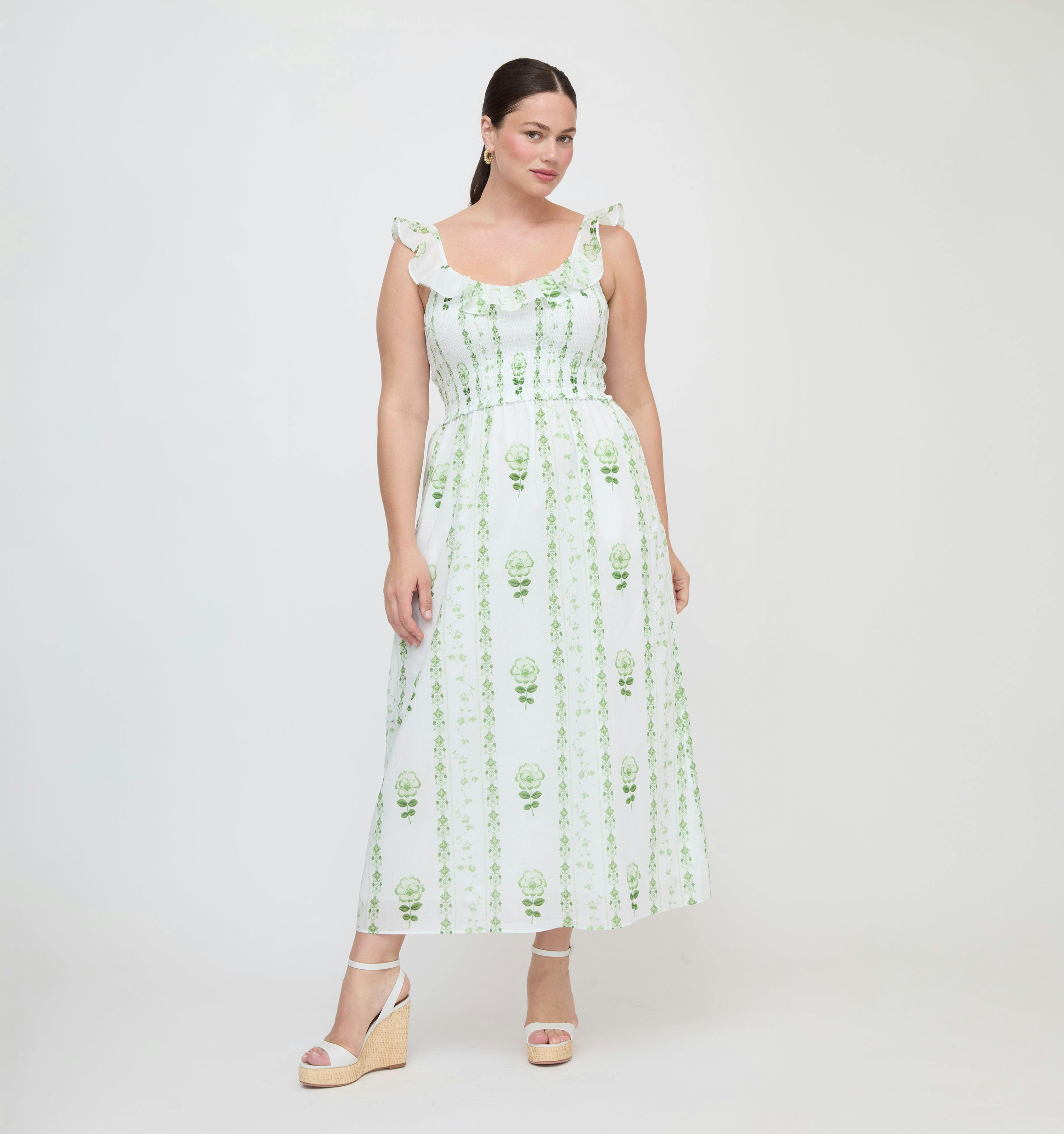 The Cambria Nap Dress - White/Green Arcadia Border