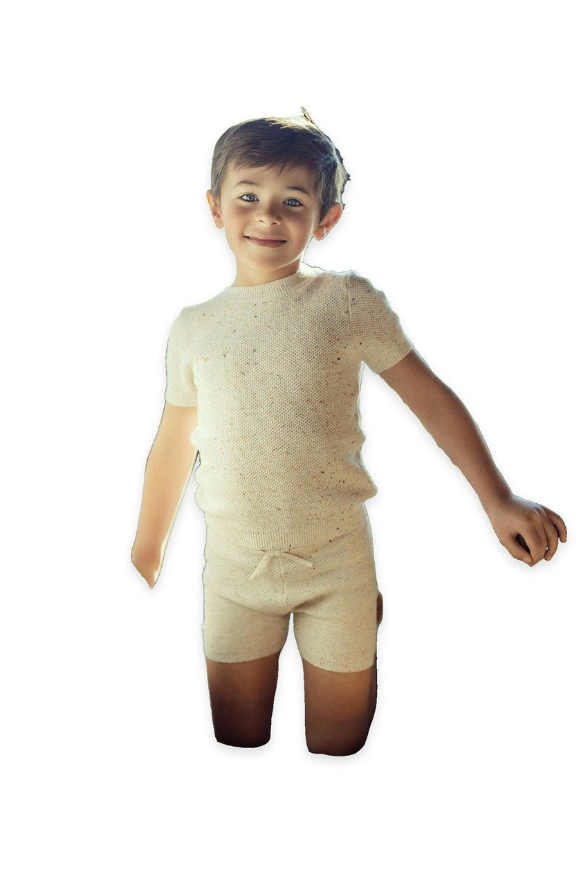 Speckled Knitted Waffle Knit Ribbed Top and Shorts Two Piece Set