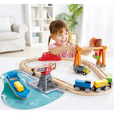 Hape: Lift & Load Harbor Set - 25 pc Land & Water Wooden Train Toy Playset