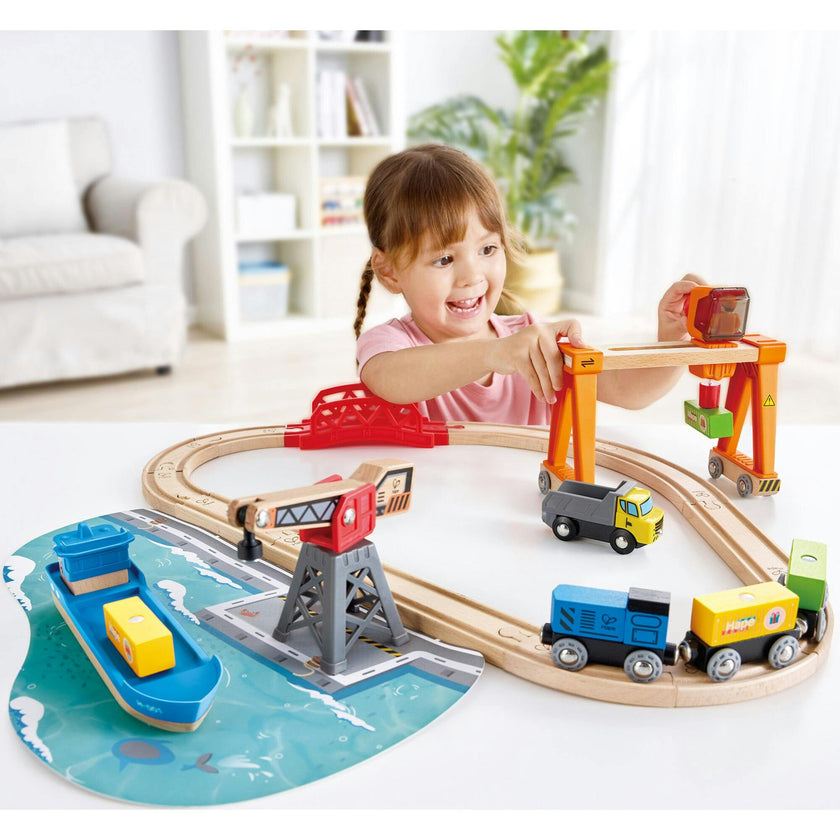 Hape: Lift & Load Harbor Set - 25 pc Land & Water Wooden Train Toy Playset