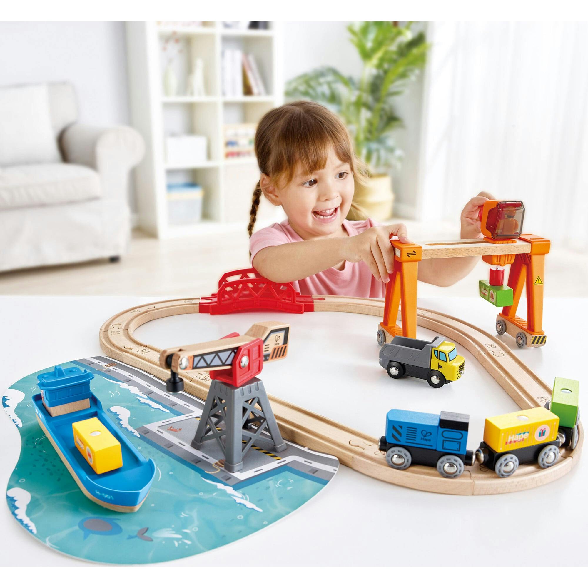 Hape: Lift & Load Harbor Set - 25 pc Land & Water Wooden Train Toy Playset