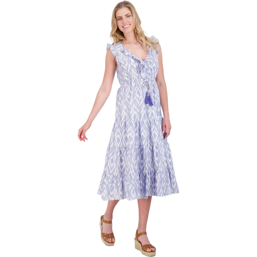 Women's Giselle Ruffle V-Neck Ikat Maxi Dress, Blue
