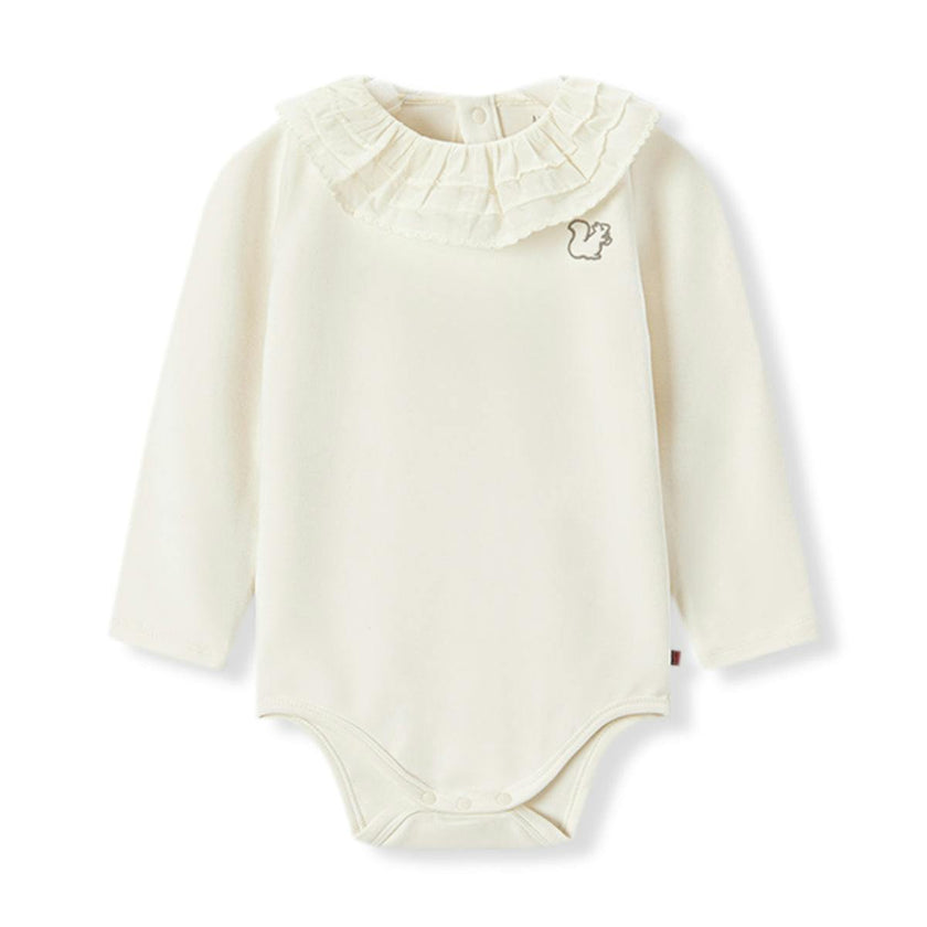 White Brushed Ruffled Collar Long Sleeve One Piece