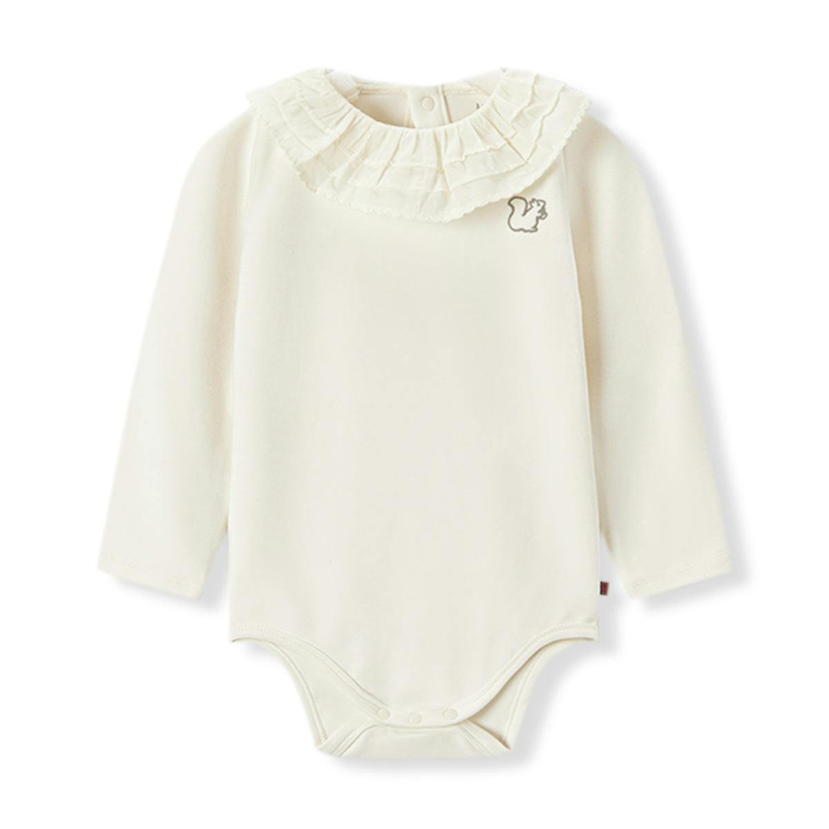 White Brushed Ruffled Collar Long Sleeve One Piece