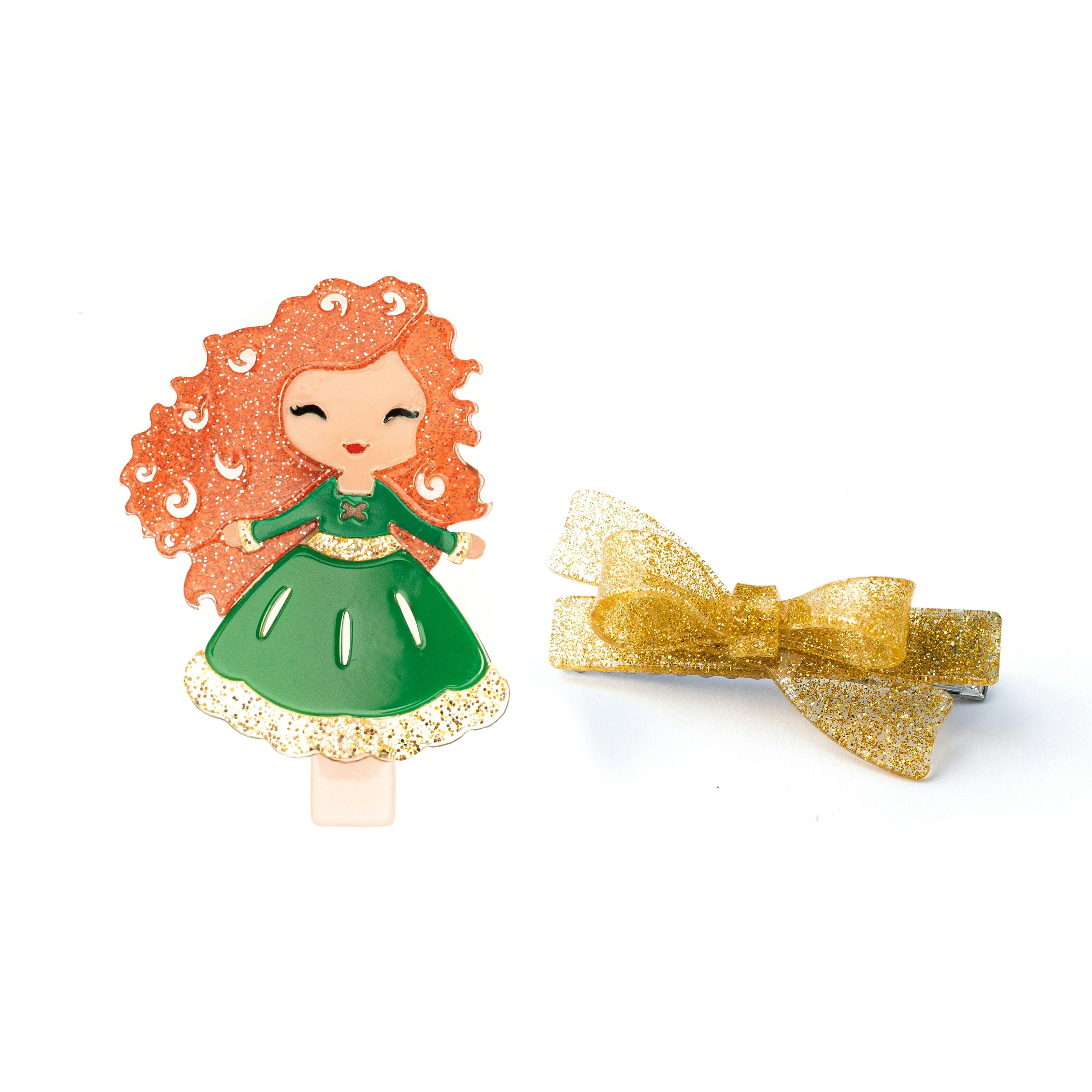 Cute Doll Green Dress & Bow Hair Clips