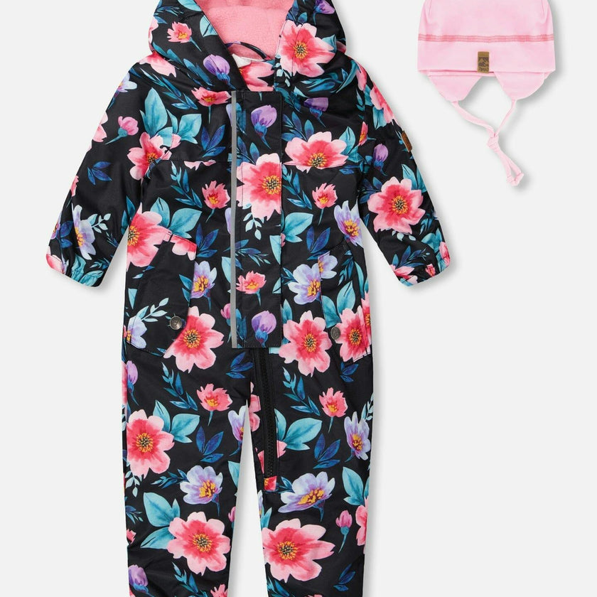 Baby Mid-Season One-Piece Outerwear With Hat Black Printed Flowers