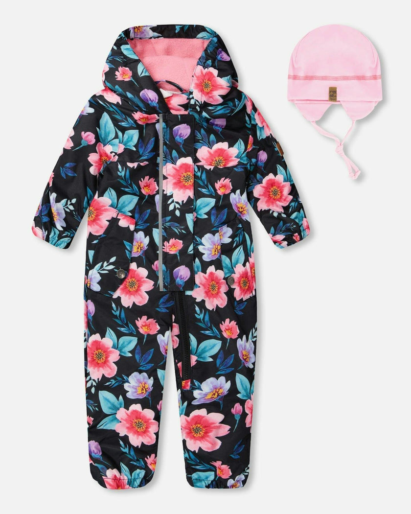 Baby Mid-Season One-Piece Outerwear With Hat Black Printed Flowers
