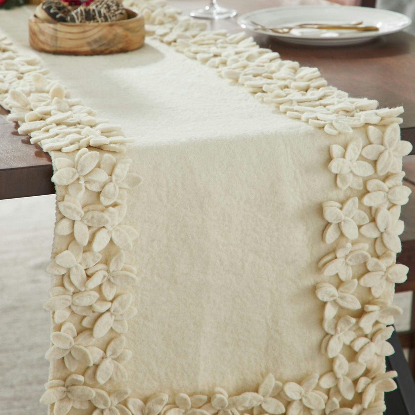 Hand Felted Wool Floral Border Table Runner Cream, 16" x 90"