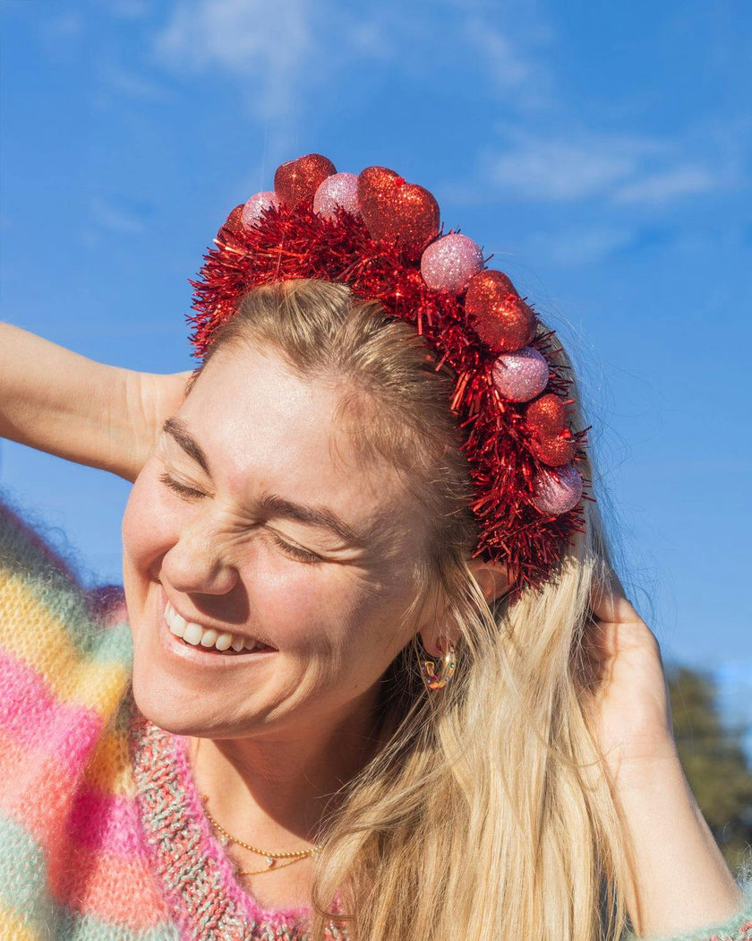 Packed Party Party Heart-y Valentine Novelty Headband - Red Glitter Hearts and Pink Glitter Balls Tinsel Headband for Valentine's Day and Galentine's, One Size
