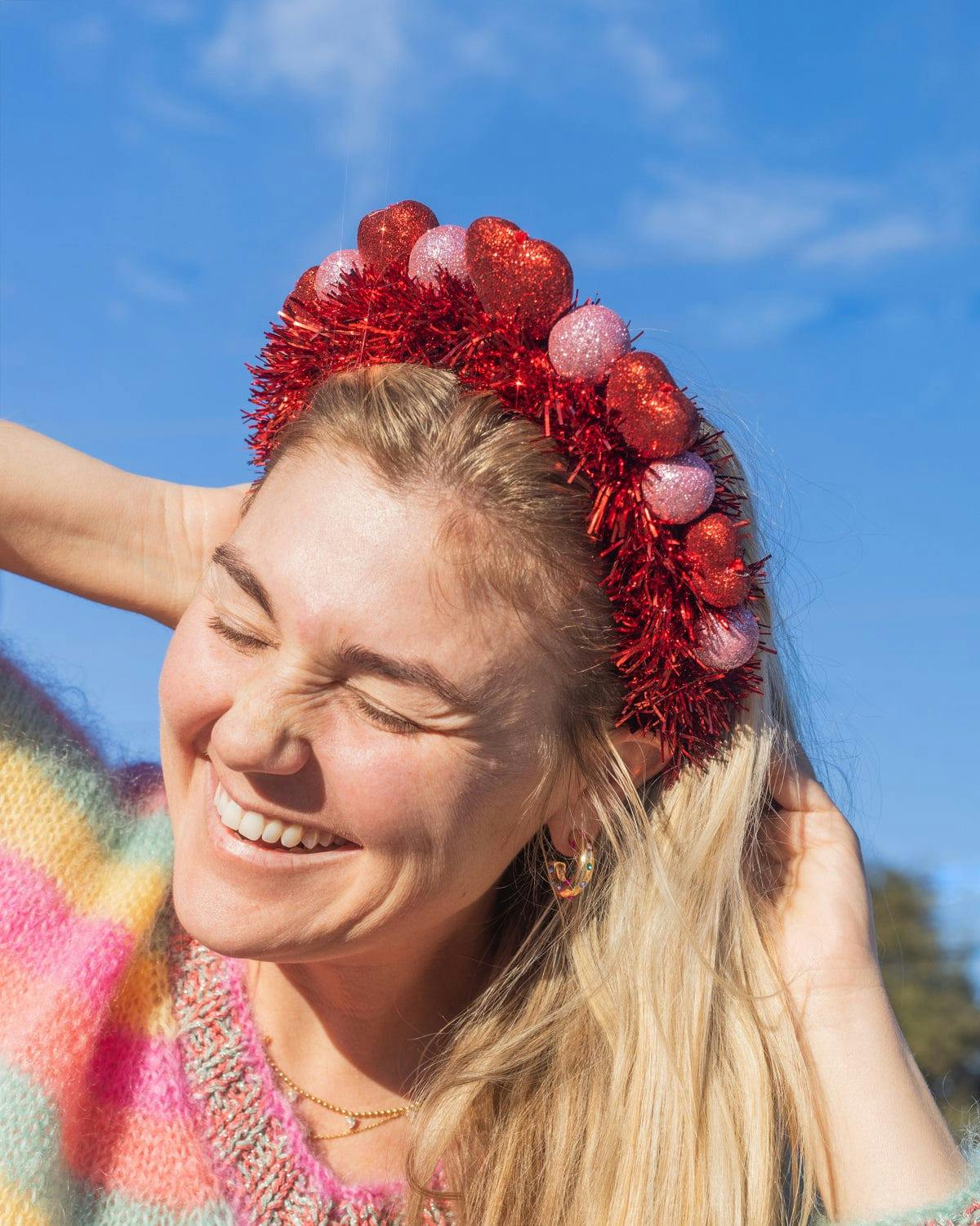 Packed Party Party Heart-y Valentine Novelty Headband - Red Glitter Hearts and Pink Glitter Balls Tinsel Headband for Valentine's Day and Galentine's, One Size