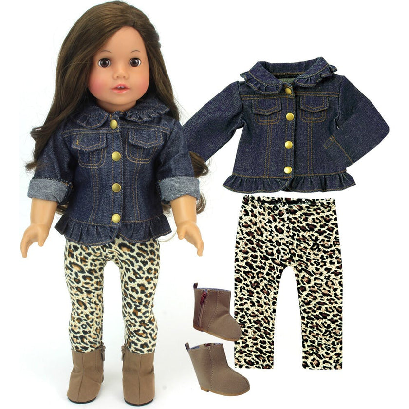 Sophia’s Jean Jacket, Cheetah Print Leggings, and Brown Faux Suede Booties for 18" Dolls