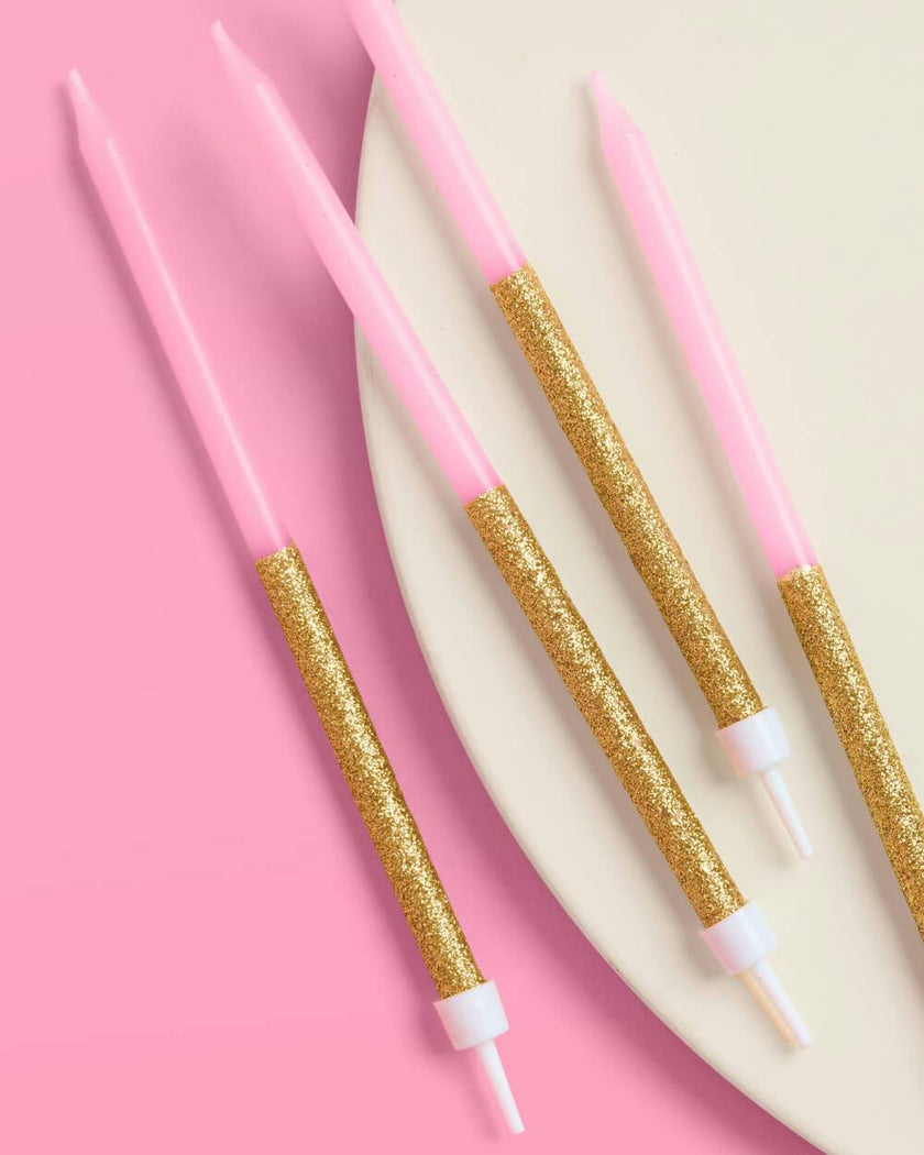 Pink + Gold Glitter Candles - 10 birthday candles