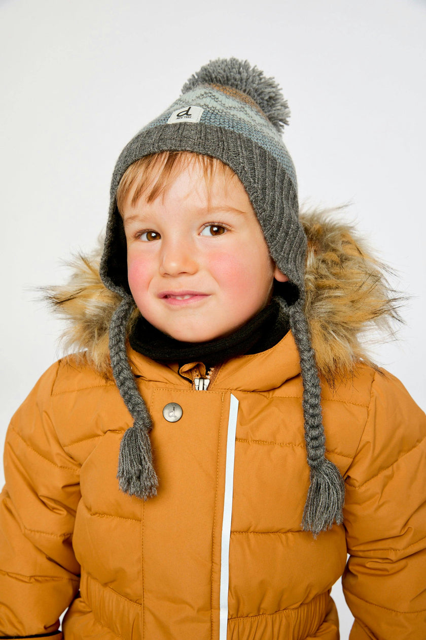 Winter Peruvian Knit Hat with Pompom Grey and Blue Fair Isle