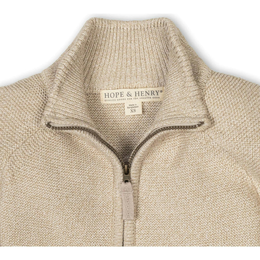 Organic Long Sleeve Full Zip Raglan Mock Neck Sweater, Beige