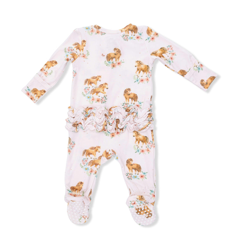 Pink Ponies - 2 Way Ruffle Back Zipper Footie
