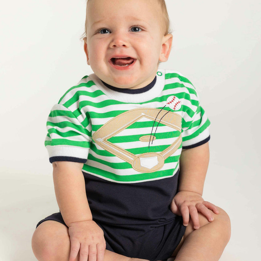 Stripe Knit Shortall With Baseball Field